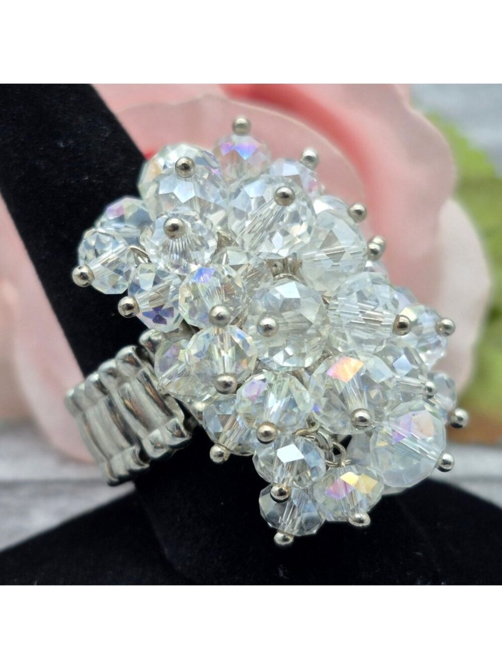 Retro AB Crystal Cluster Cha Cha Ring Expandable to Size 8 9 10 11 12 Statement